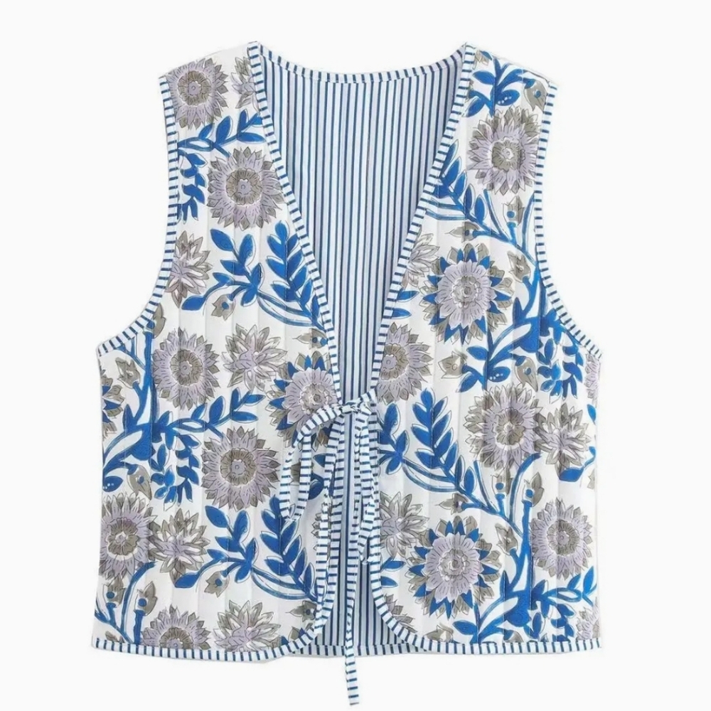 Miss Sparkling Reversible Printed & Striped Cotton Puffer Vest
